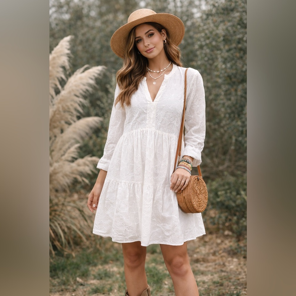 Rails Layla White Eyelet Dress Tiered Boho Mini Cotton Small